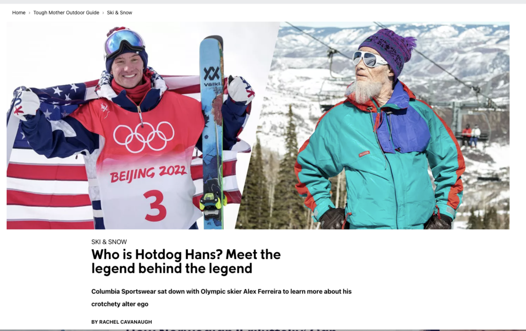 A side by side photo of Alex Ferreira and his alter ego Hotdog Hans in an article on Columbia Sportswear's website.